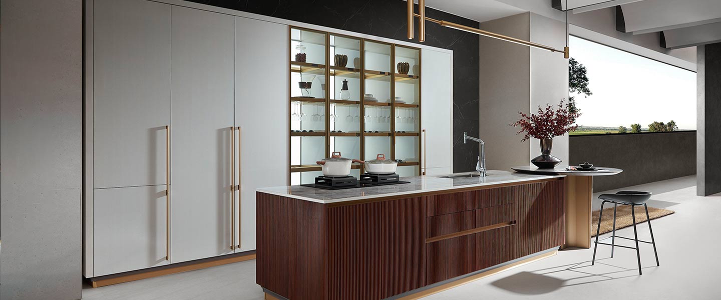 high end custom white kitchen joinery with wood fluted island