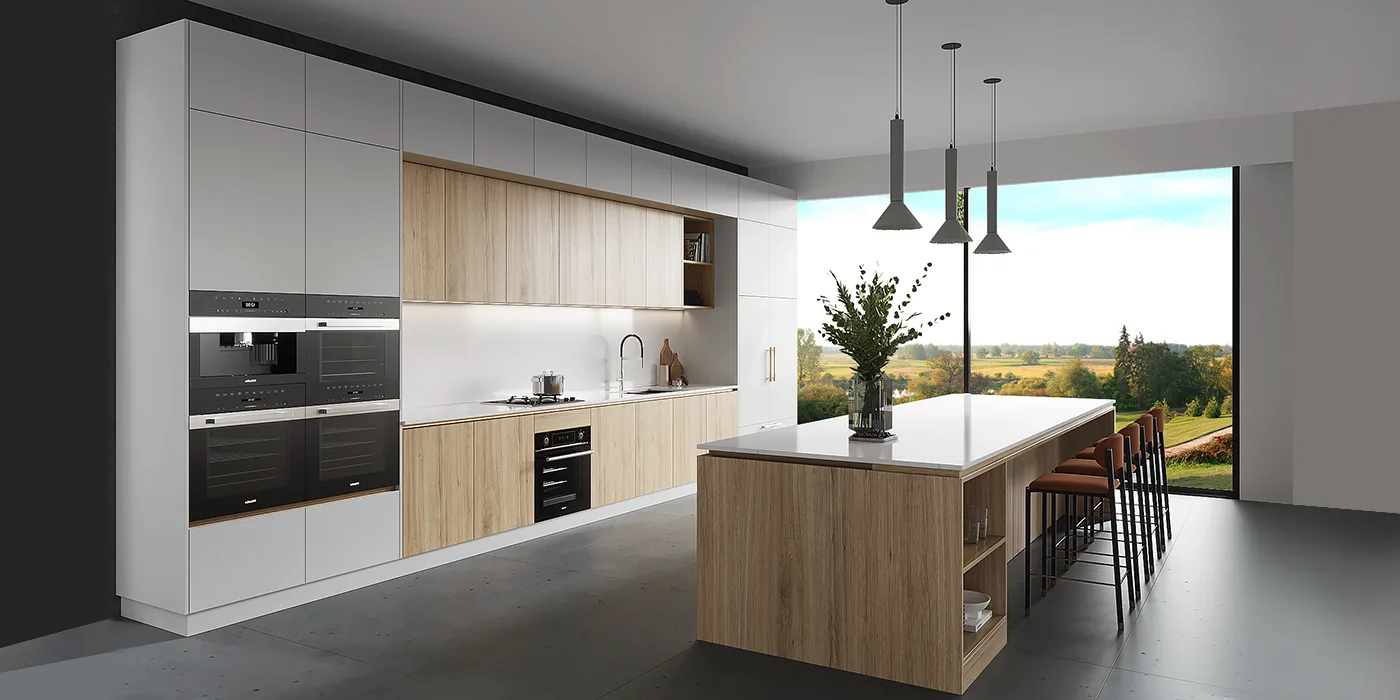 Melamine Kitchen Cabinets: A Comprehensive Guide modern matte white and wood melamine kitchen cabinets
