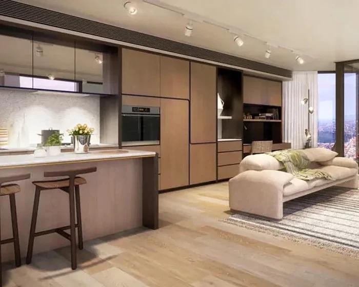 custom wood grain kitchen cabinets with island