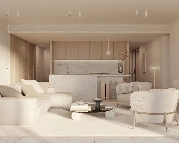 light wood built-in kitchen cabinets with white island